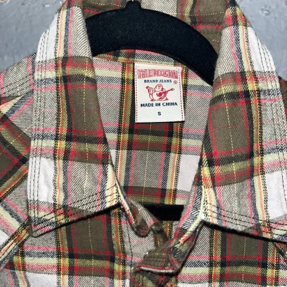 TRUE RELIGION Western Snap Front Horseshoe Pocket Plaid Flannel Shirt Men's  S